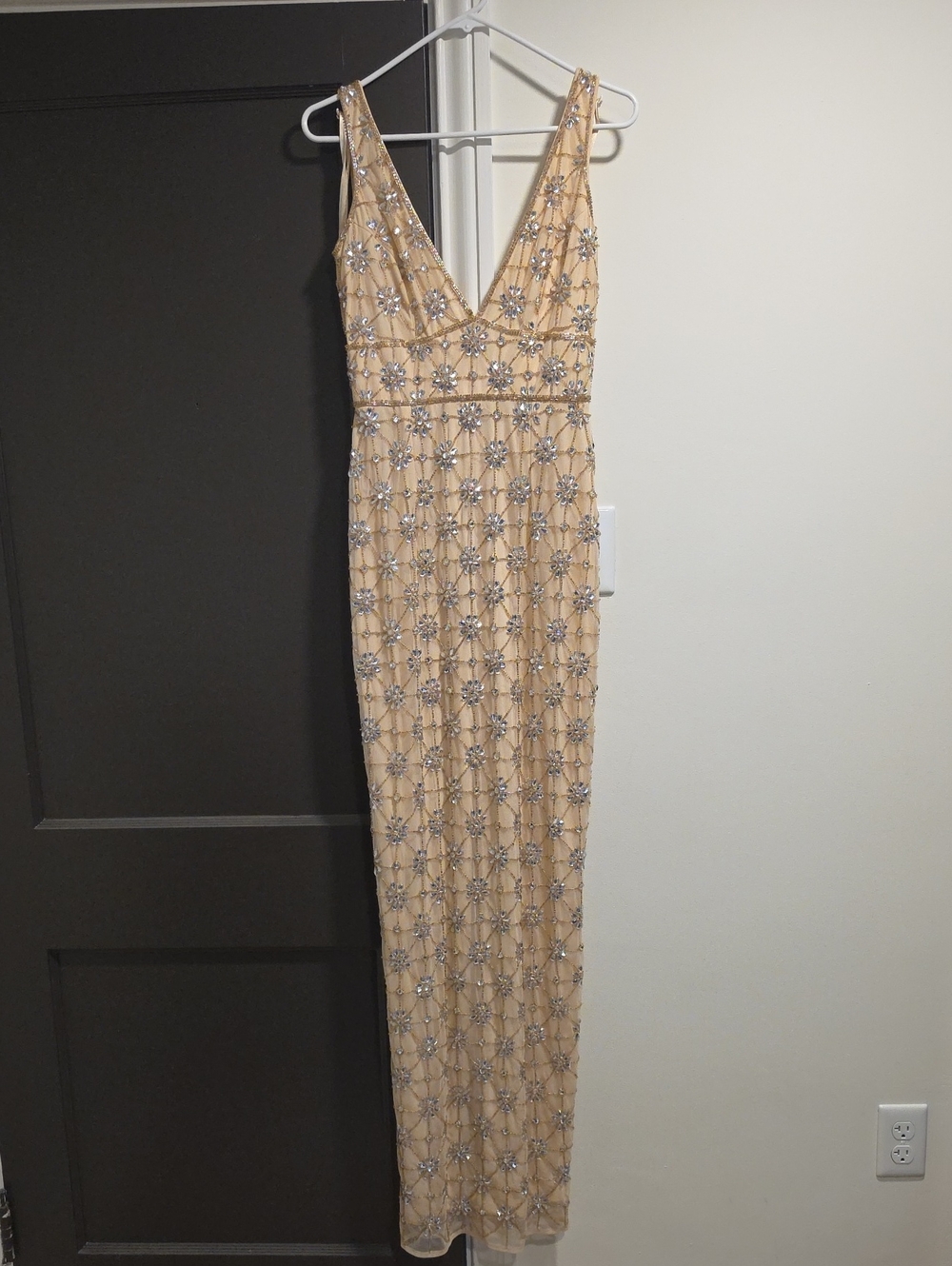 Mac Duggal Sleeveless Embellished V-Neck Maxi Dress in Champagne